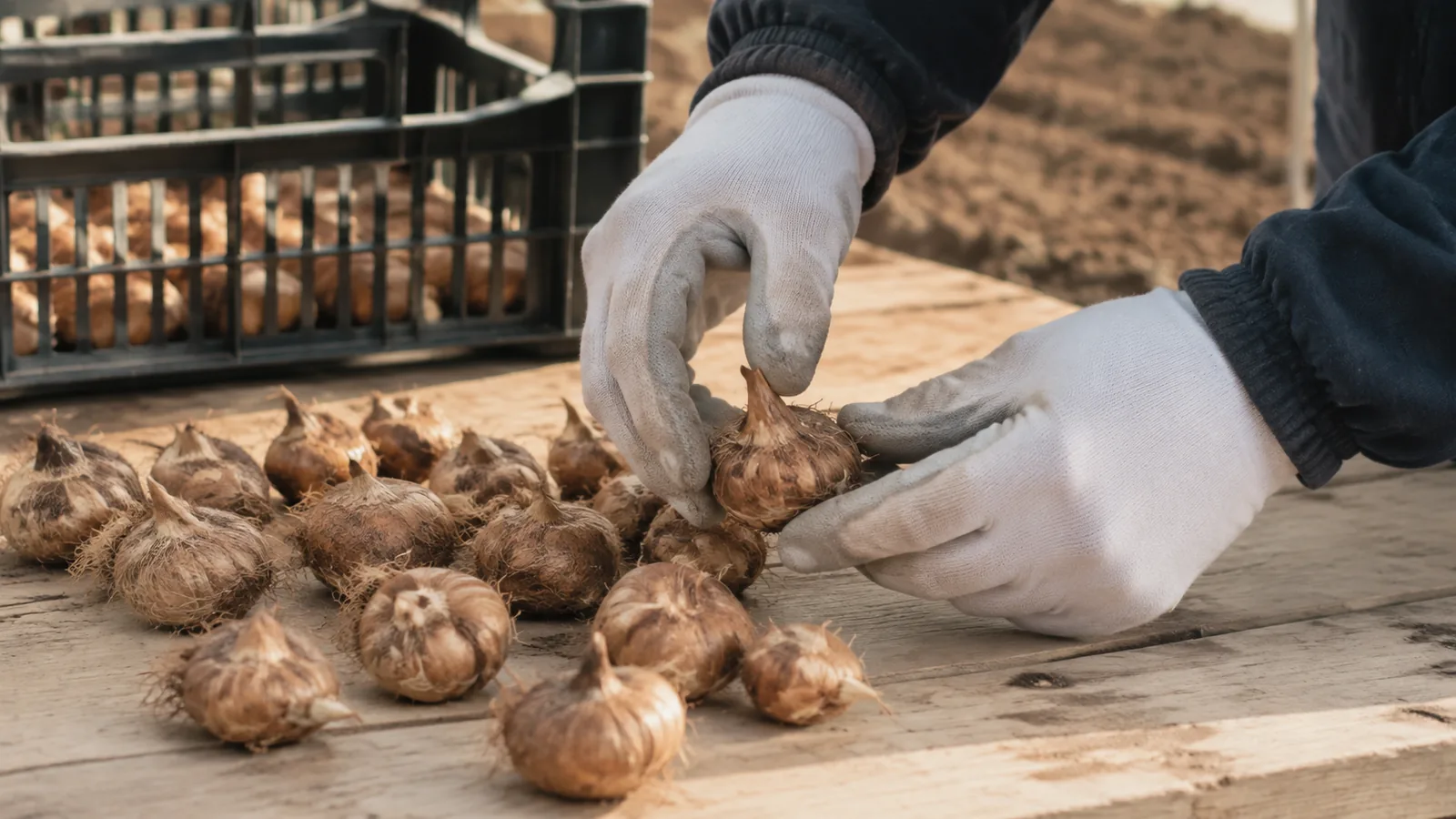 Grower inspecting healthy saffron corms before planting