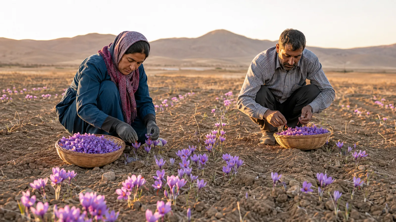 Saffron farmers in Iran hand-picking flowers at dawn
