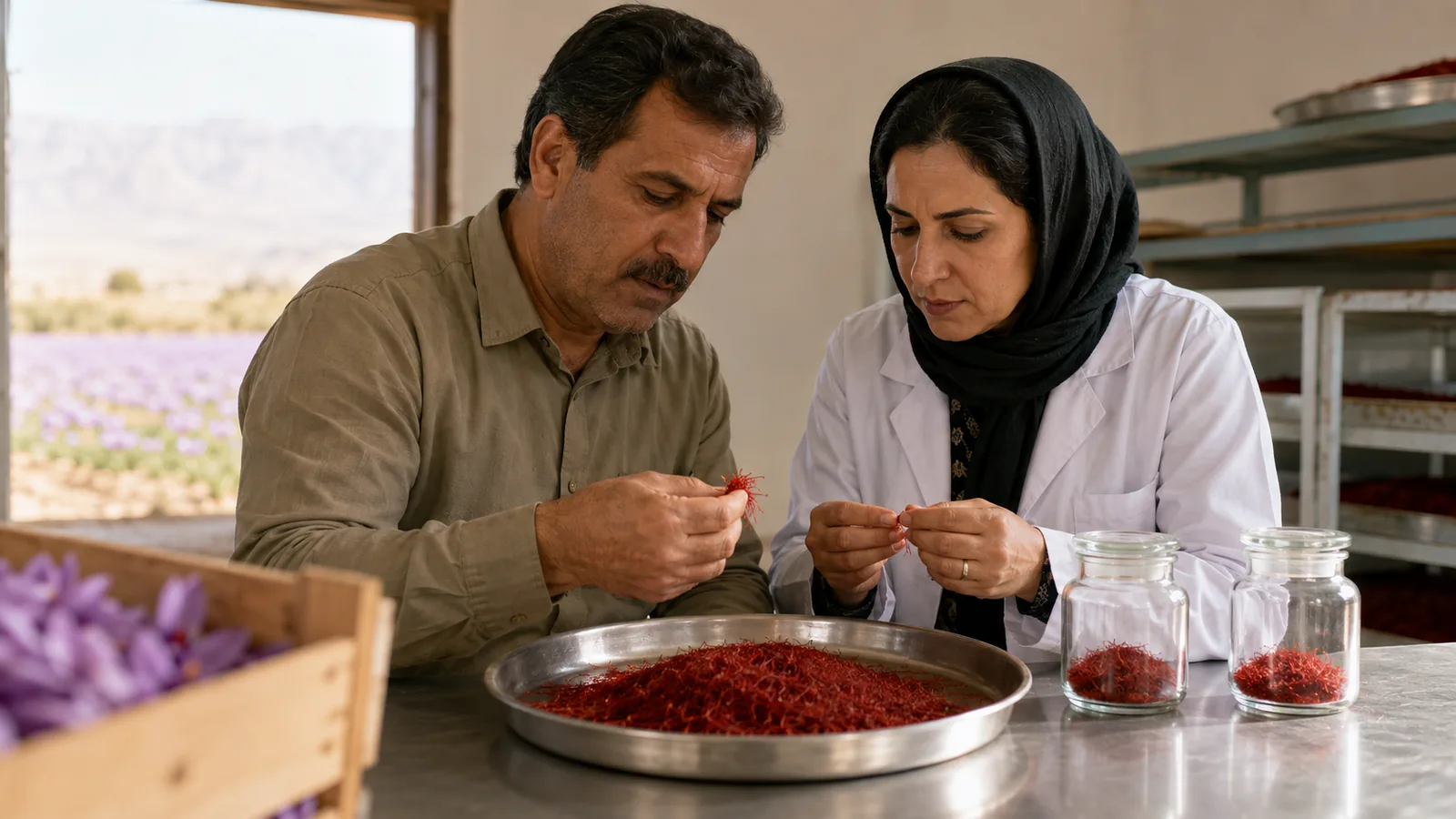 Grower and quality specialist inspecting Iranian saffron threads