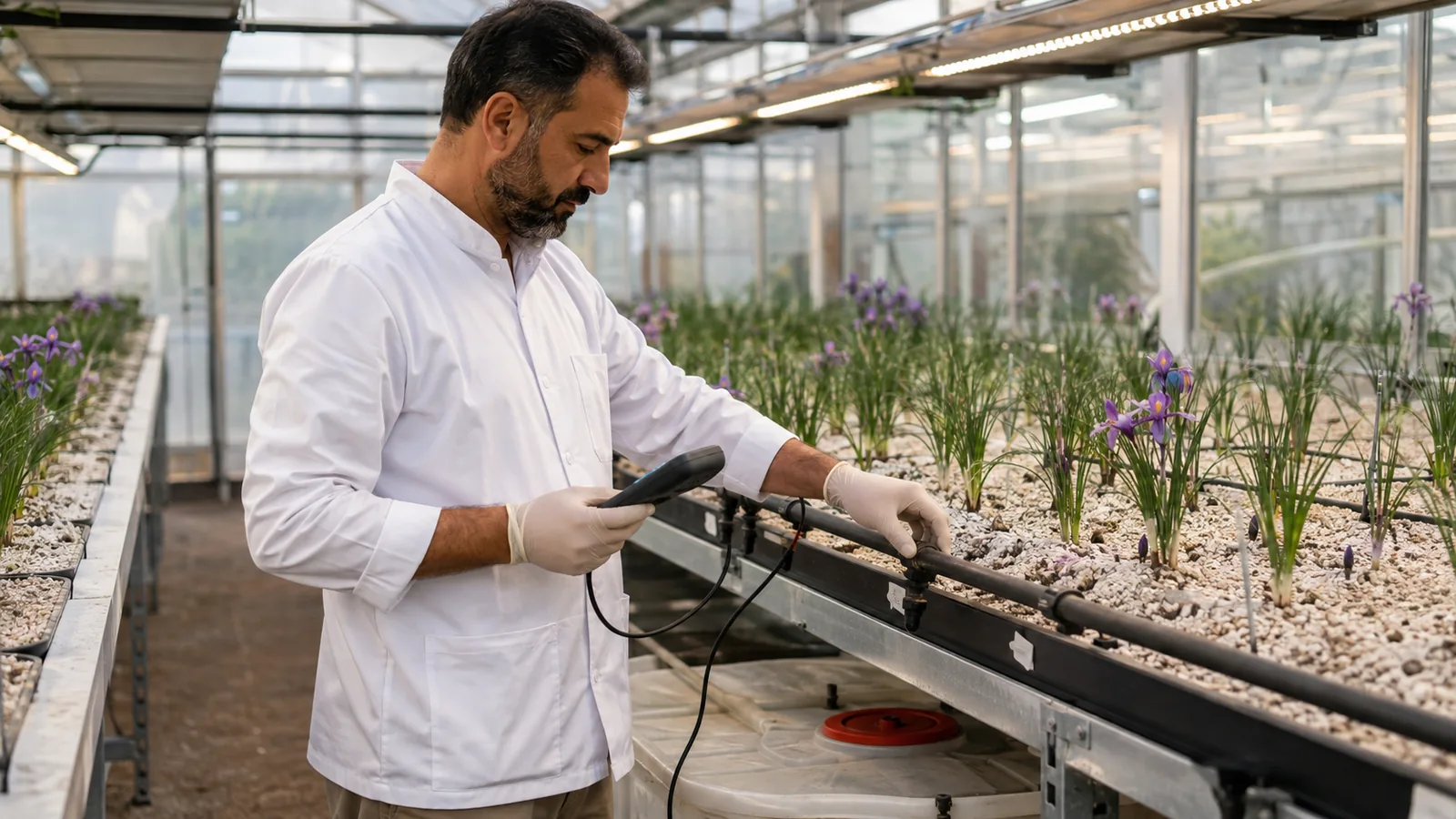 Technician monitoring hydroponic saffron in a greenhouse