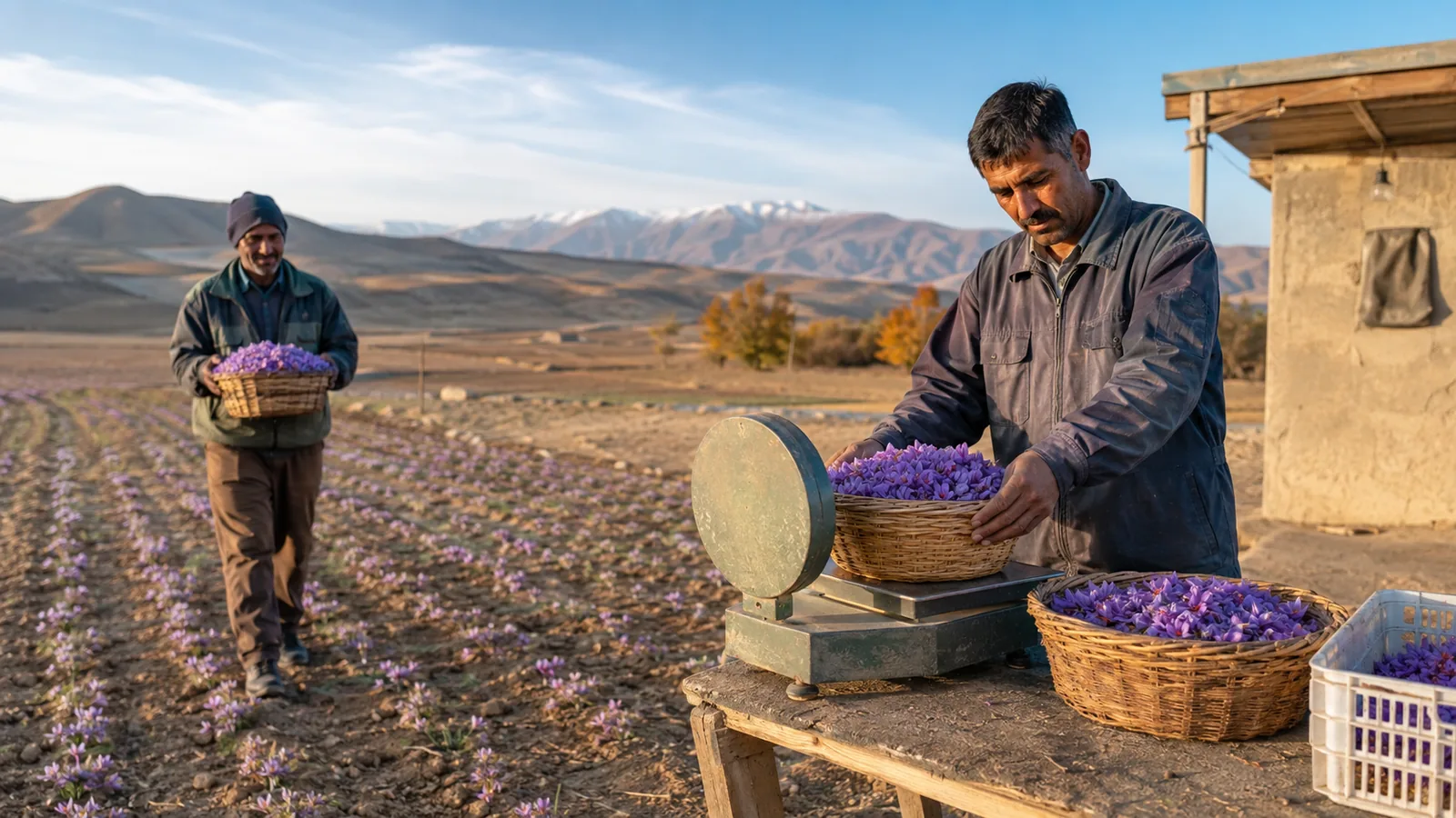 Mahallat growers weighing freshly harvested saffron flowers