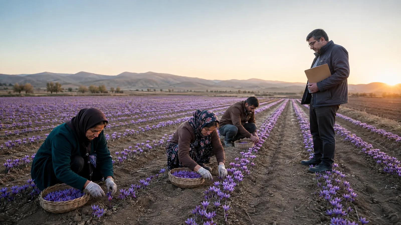 Workers harvesting a large Khorasan Razavi saffron field