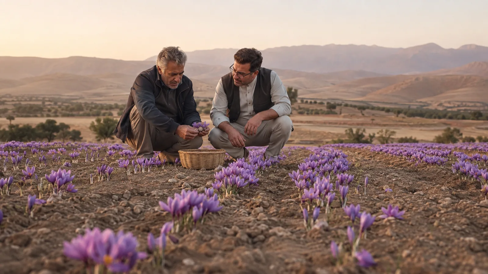 Saffron growers examining a flowering field in Fars Province
