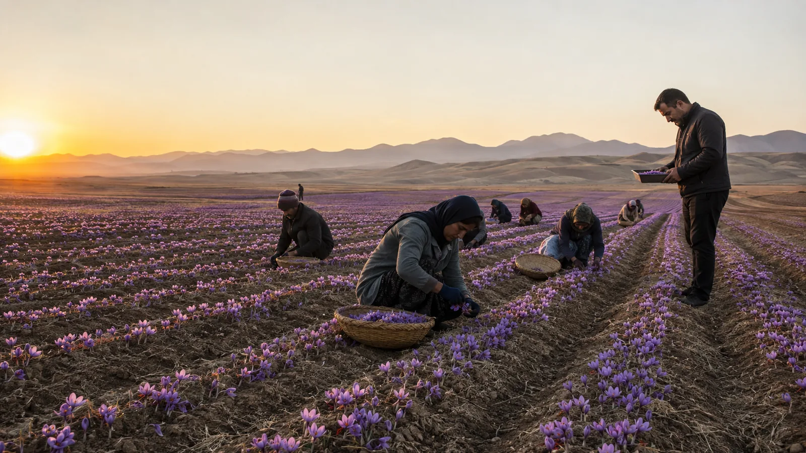 Workers harvesting saffron across a Khorasan Razavi field