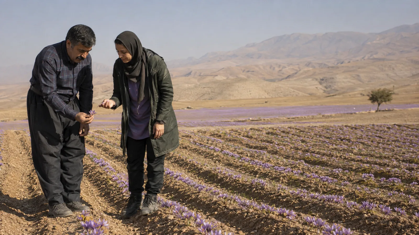 A farmer and agronomist inspecting an expanded saffron field in Fars