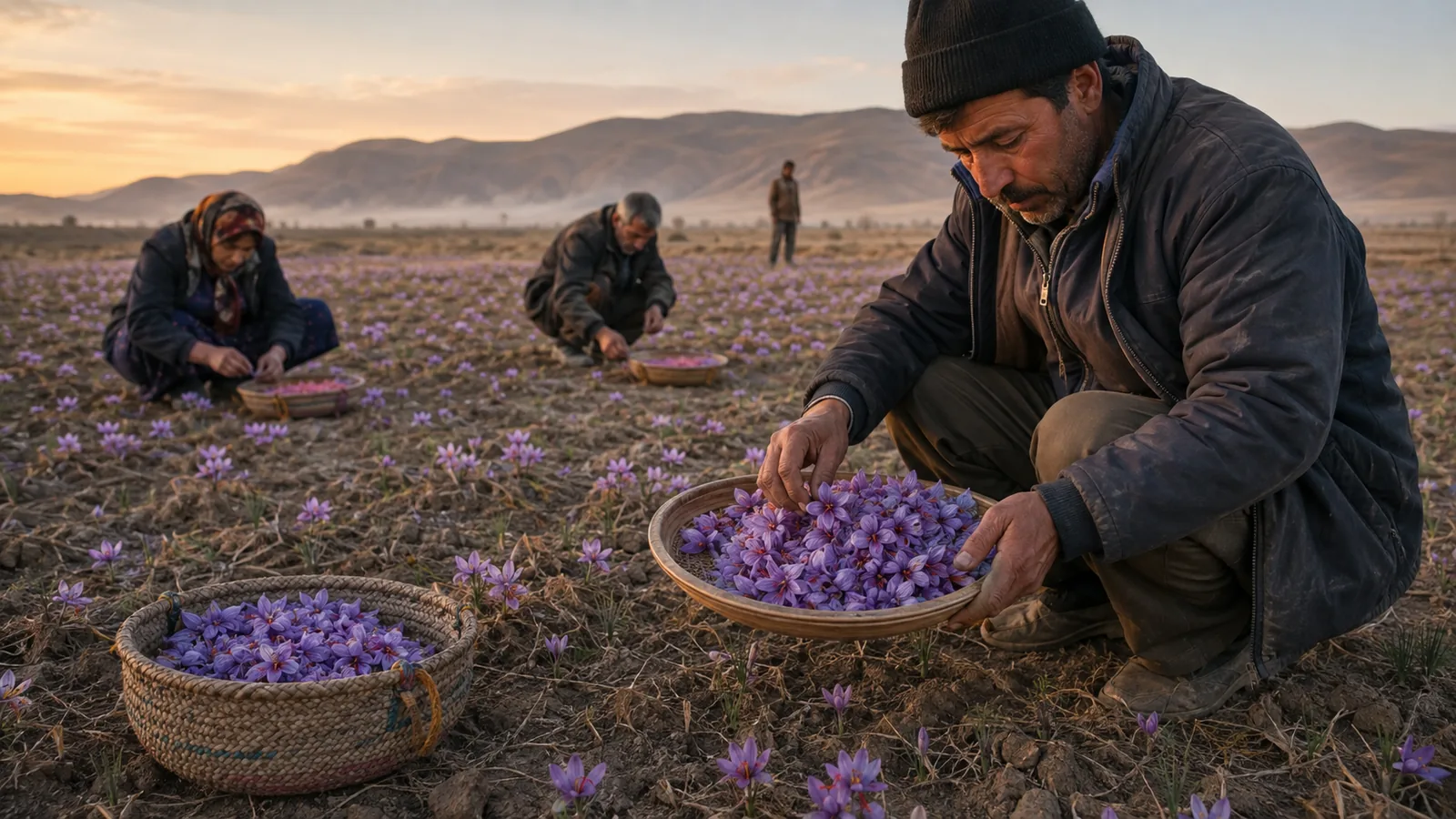 Growers gathering saffron flowers in a Marand field