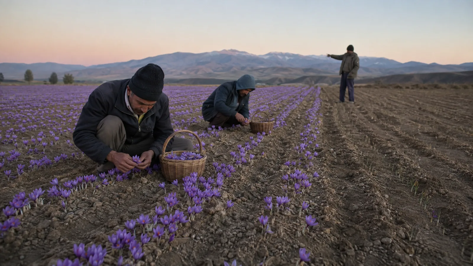 Growers harvesting a mature saffron field in North Khorasan