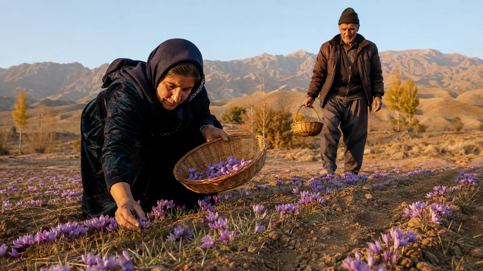 Growers beginning the saffron harvest near Niasar in Kashan