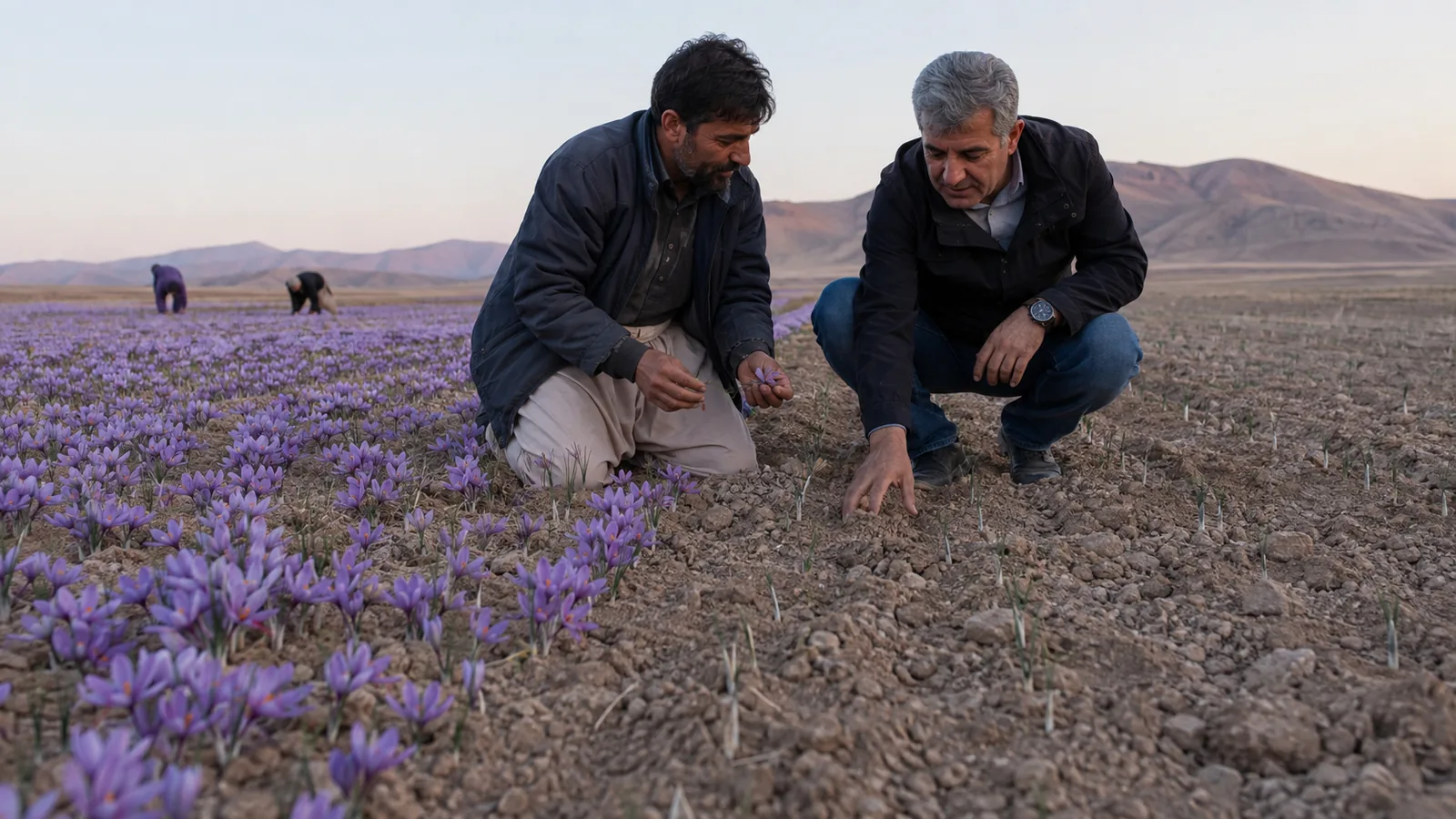 A grower and agronomist comparing saffron fields in Farooj