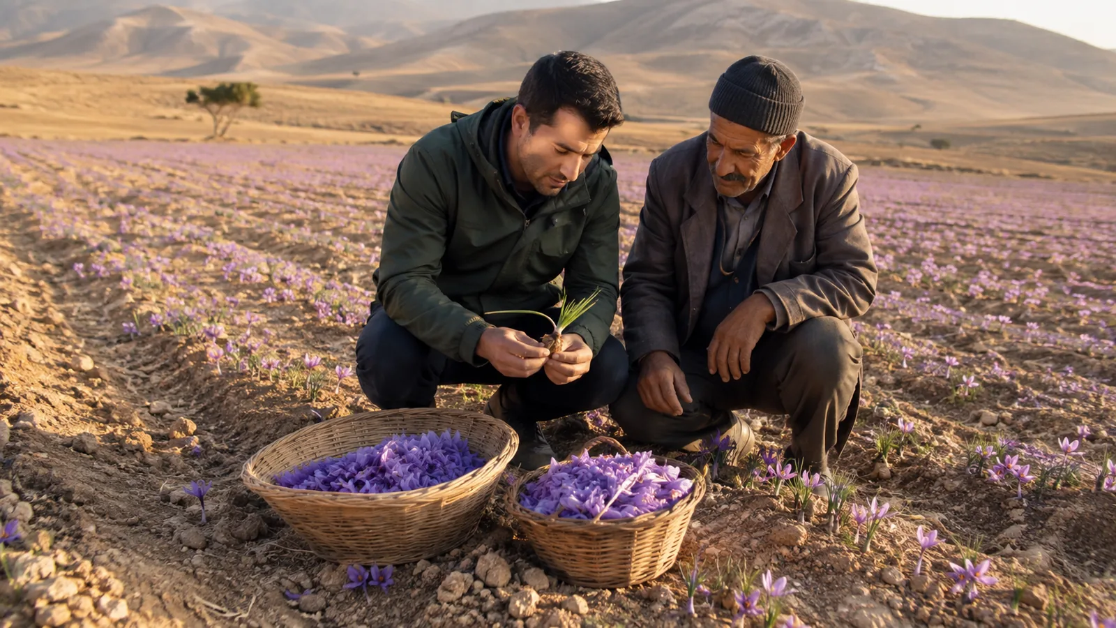 Agronomist and farmer examining saffron in a Fars Province field