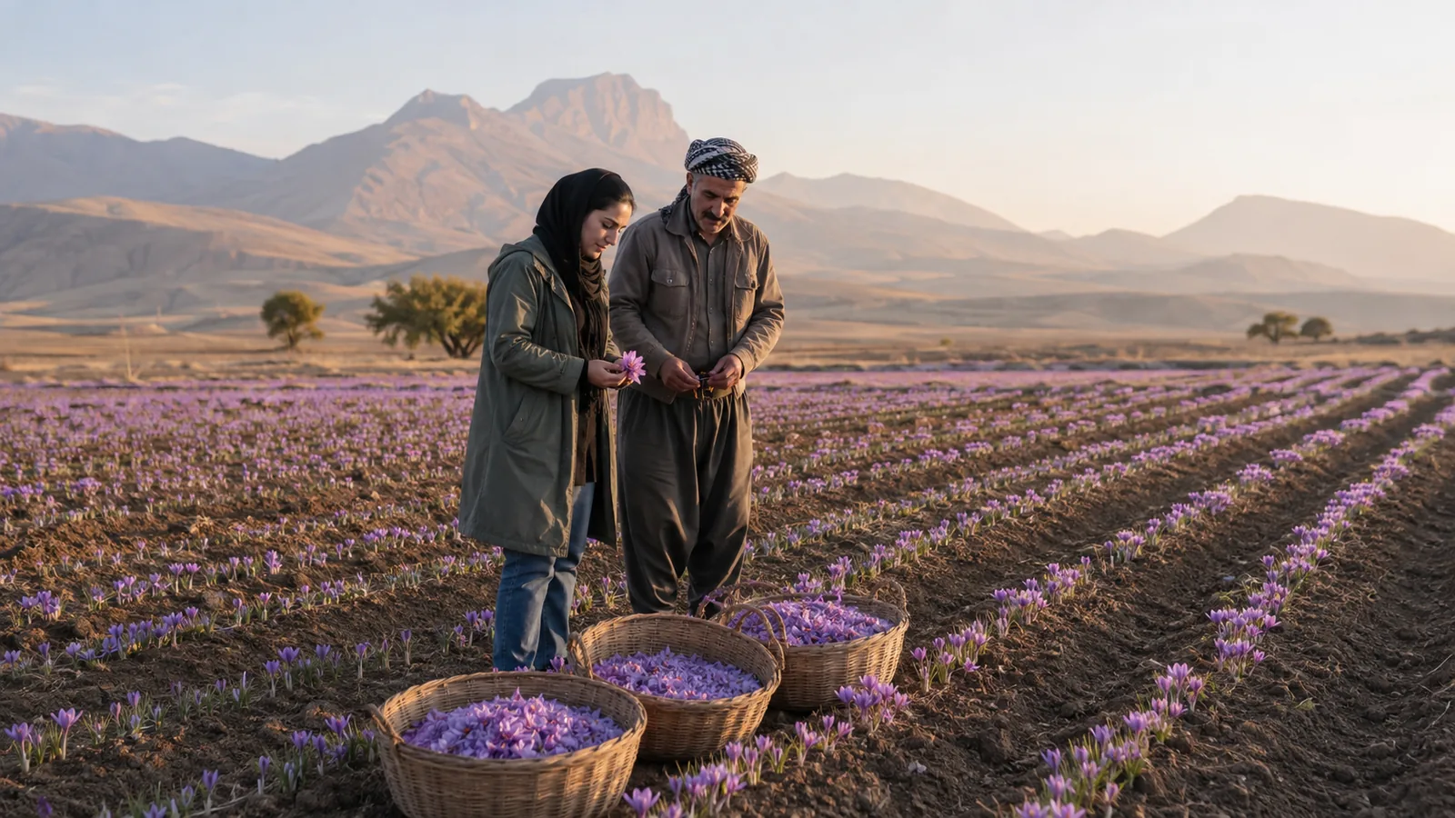 Farmer and adviser inspecting a saffron field in Kermanshah