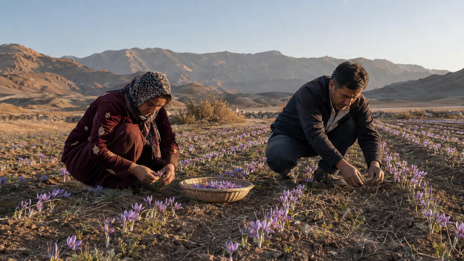 Farmers harvesting saffron in the uplands near Bam