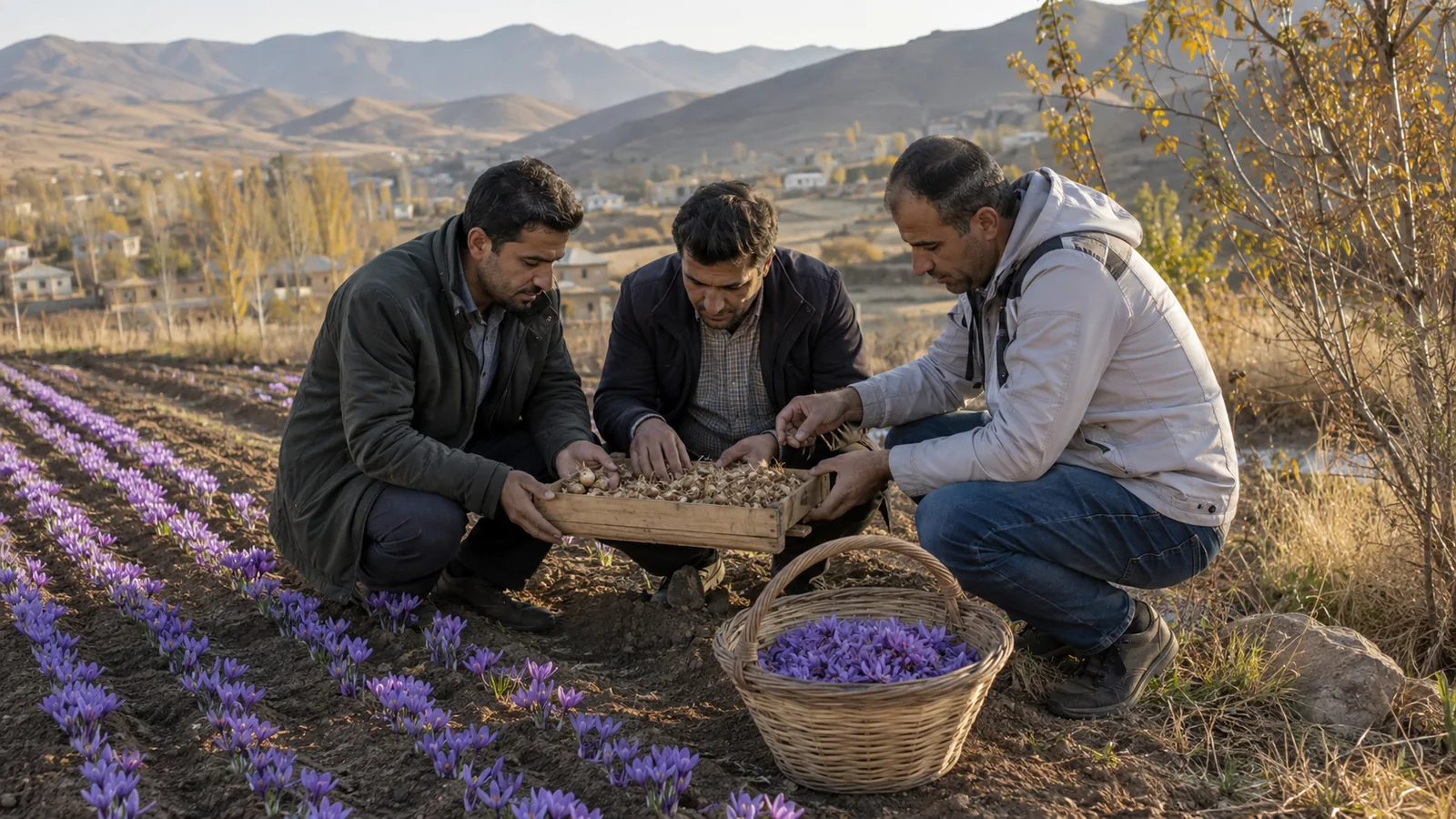 Growers inspecting saffron corms beside a Tafresh field