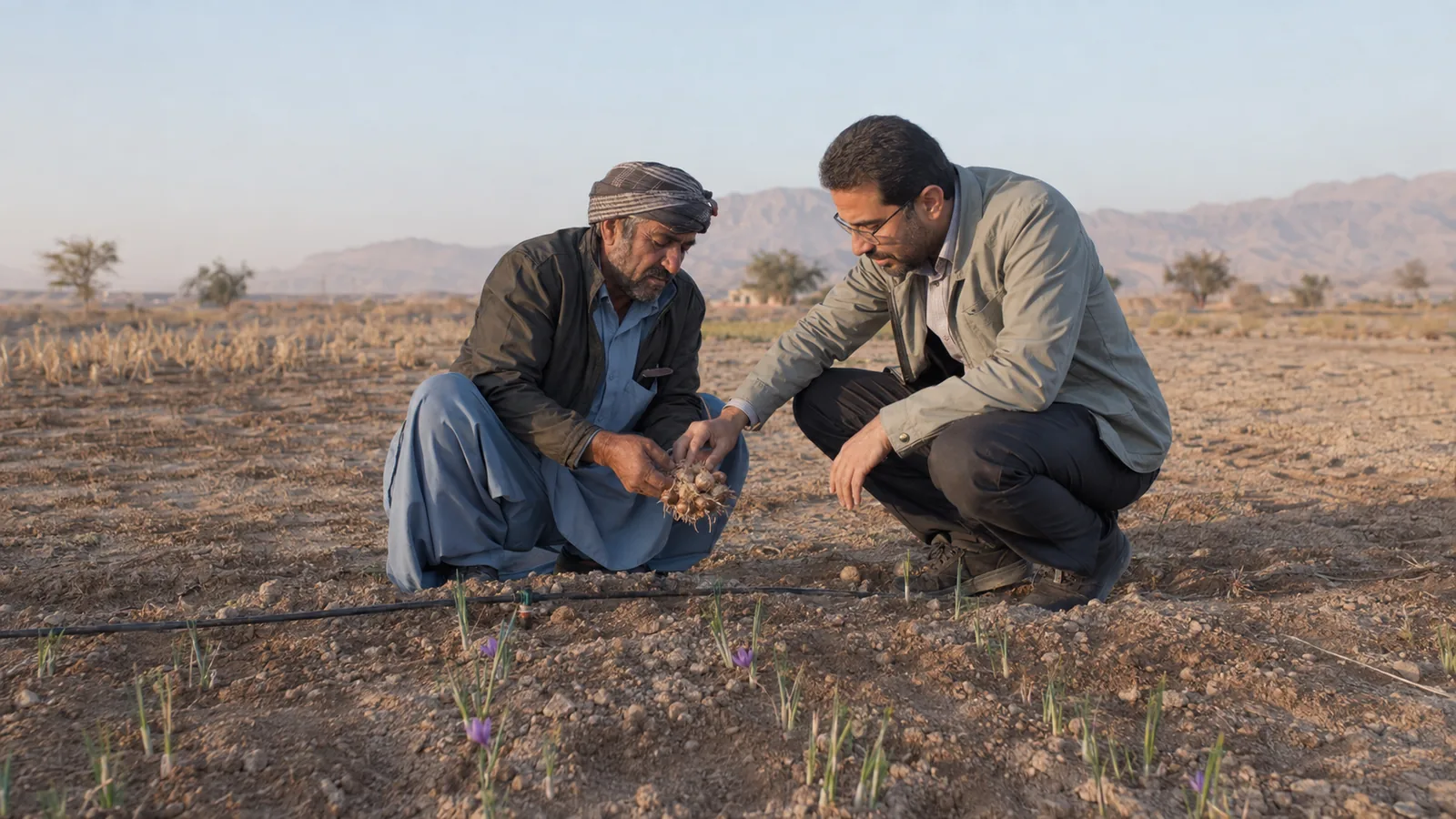 Farmer and agricultural adviser assessing a Zahedan saffron plot