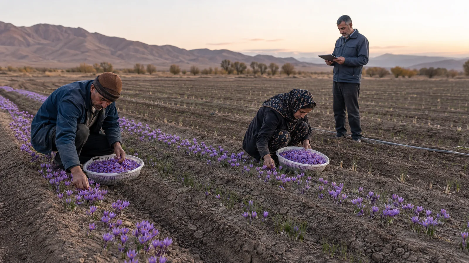 Farmers harvesting mature saffron beside young fields in Bafgh