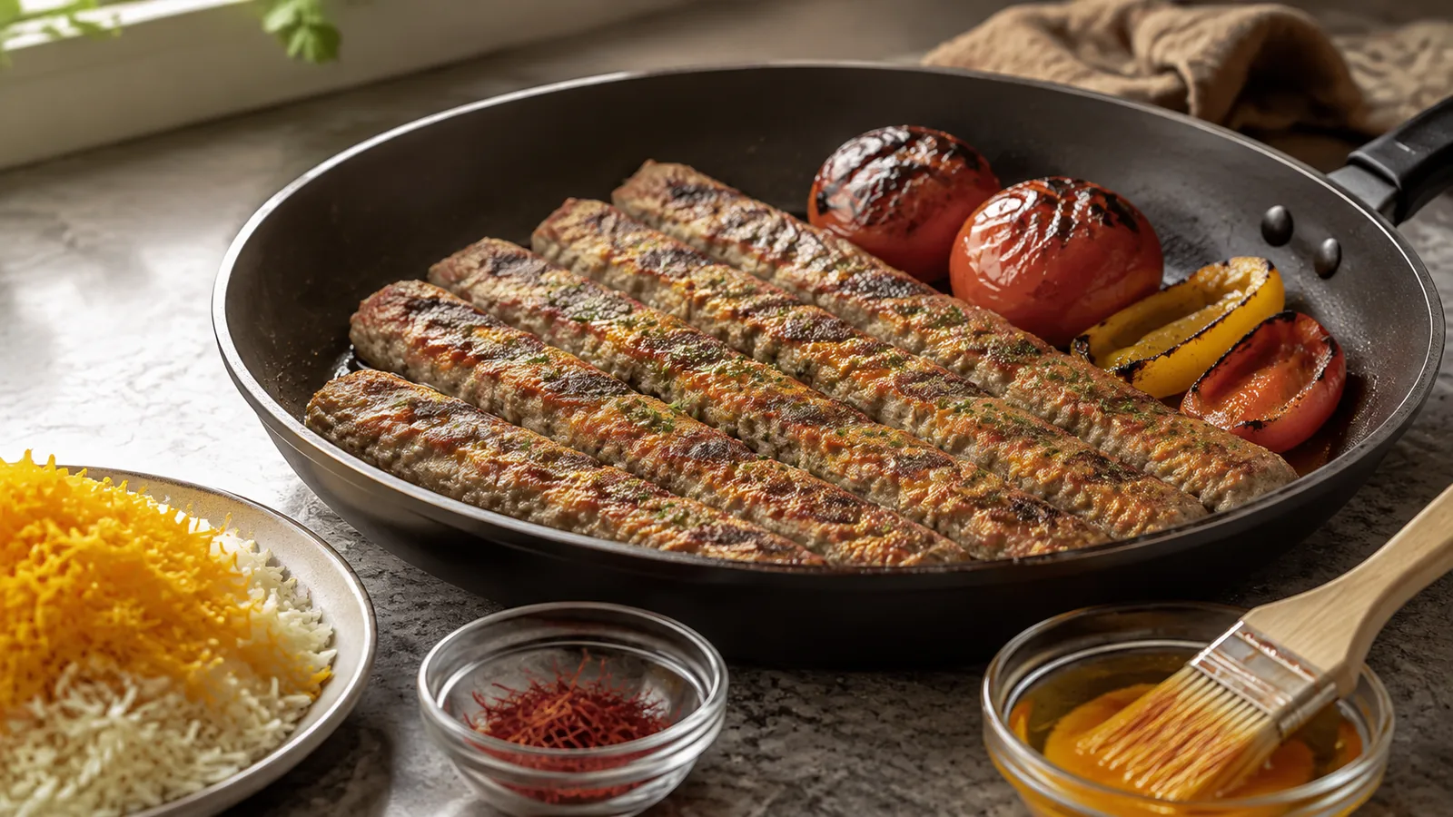 Pan-cooked saffron chicken koobideh kebabs with rice and tomatoes