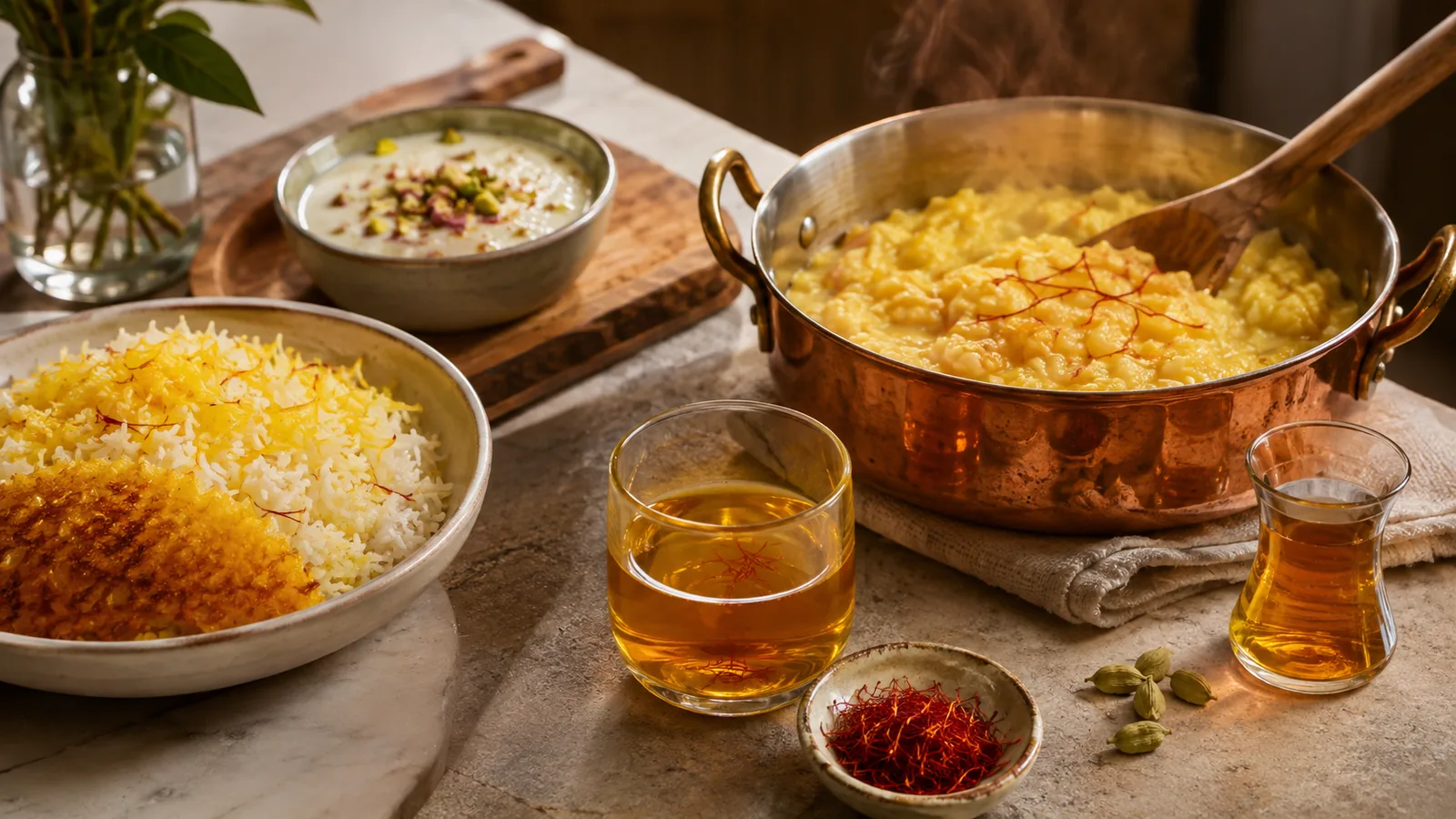 Saffron infusion with Persian rice, risotto and a milk dessert