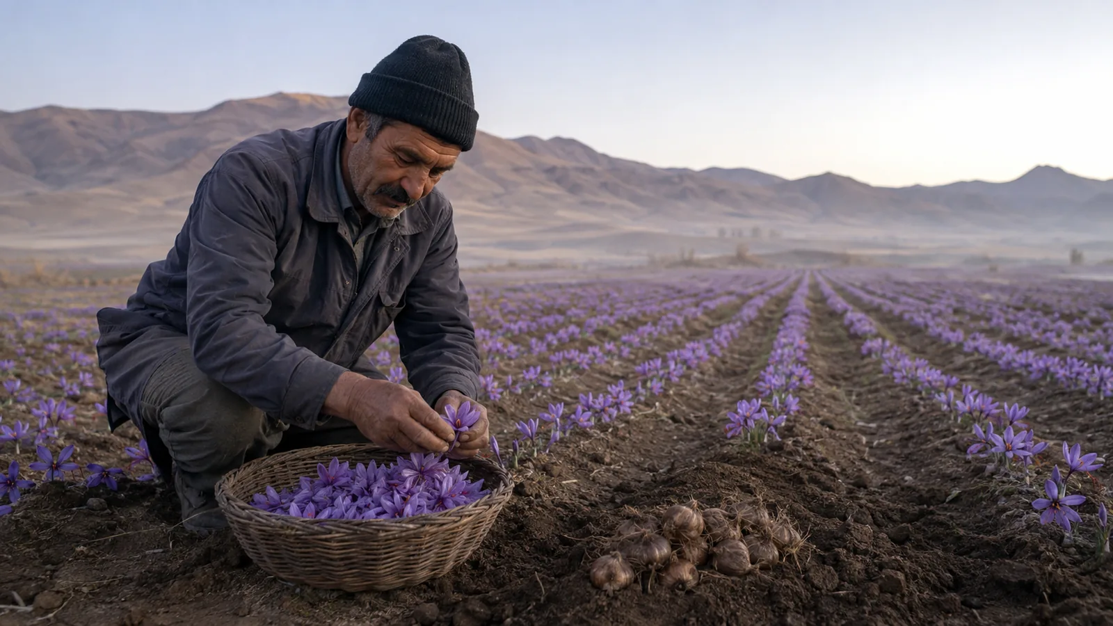 Farmer harvesting saffron flowers beside corms in an Iranian field