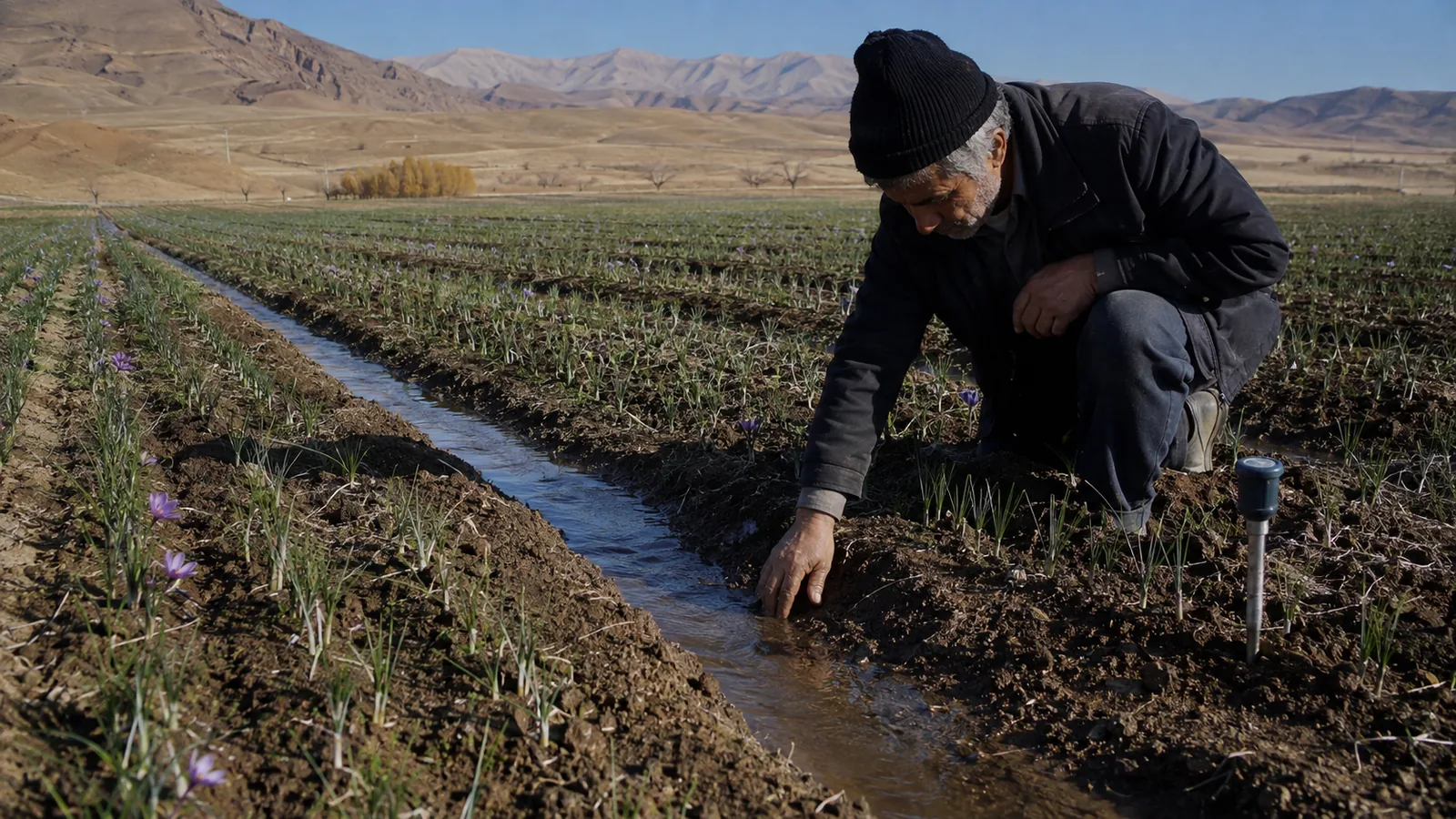 Farmer checking soil during Zajaab irrigation in a saffron field