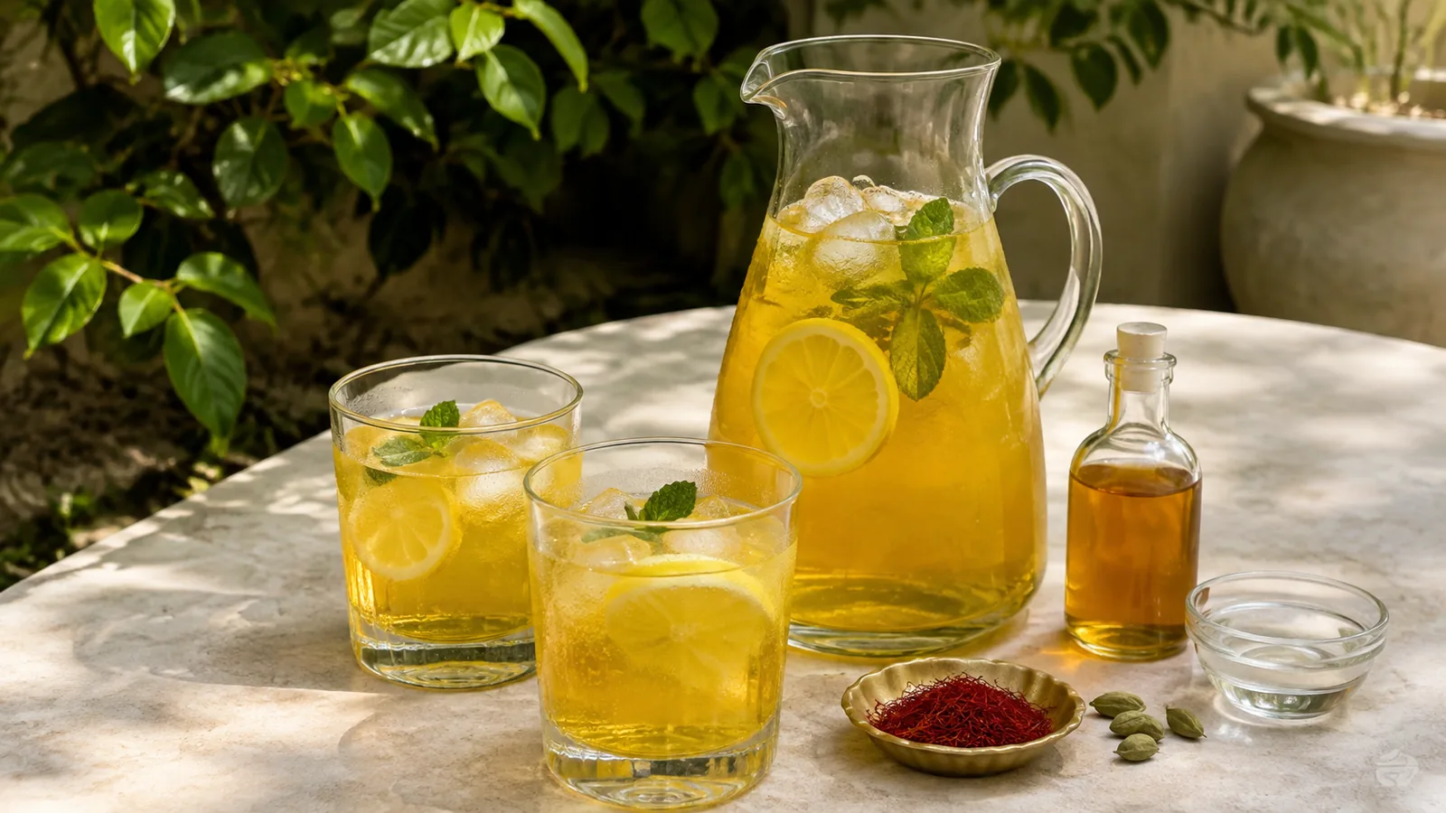 Chilled saffron syrup drink with lemon, mint and cardamom