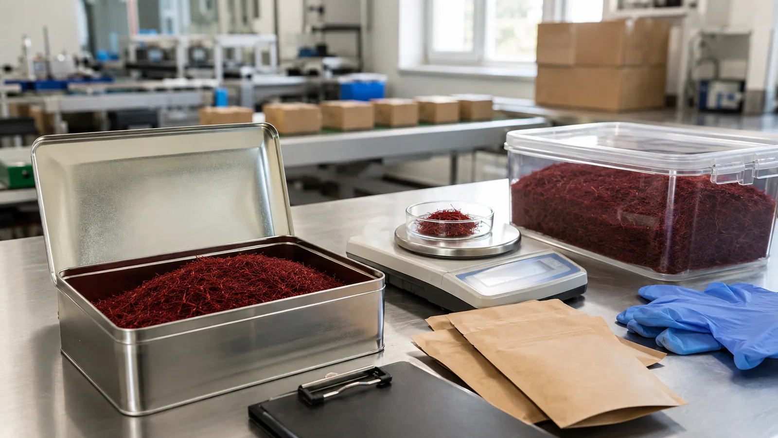 Bulk Iranian saffron being inspected and packed in Spain