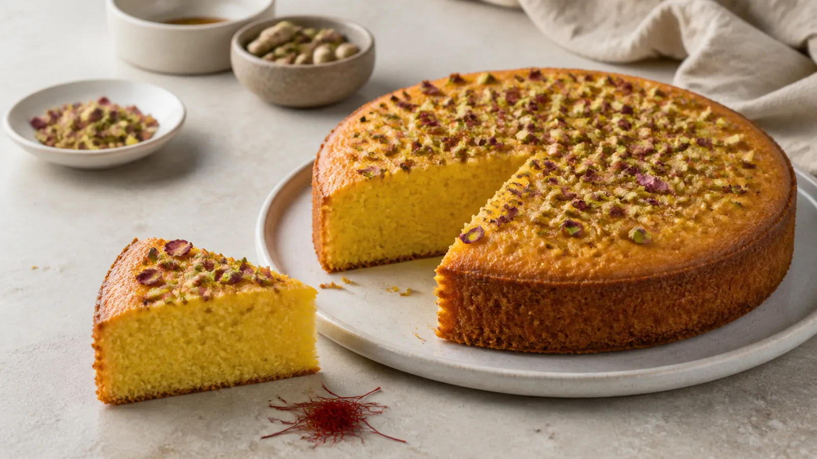 Golden saffron cake with pistachios and rose petals