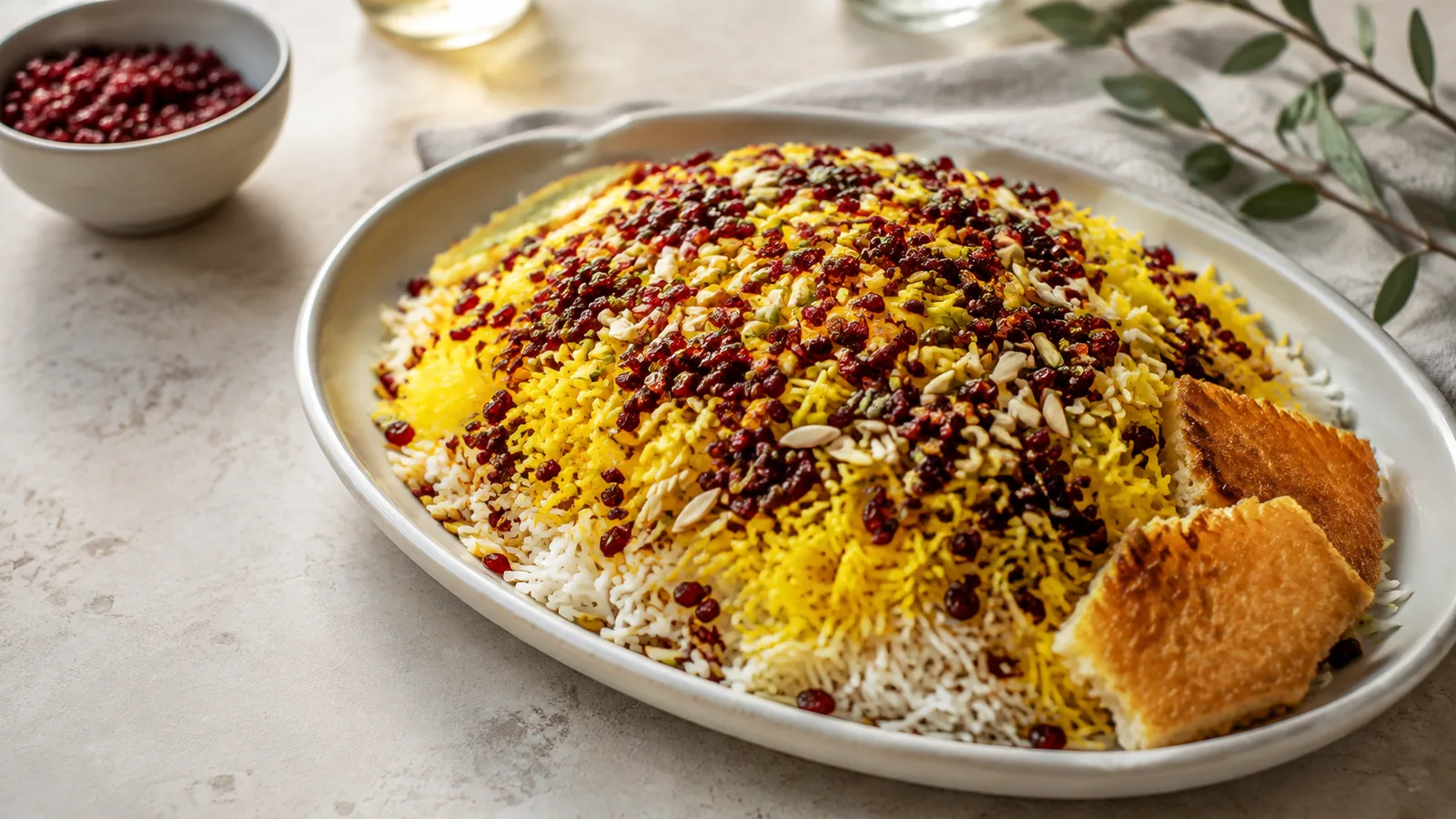 Persian saffron rice topped with barberries and pistachios