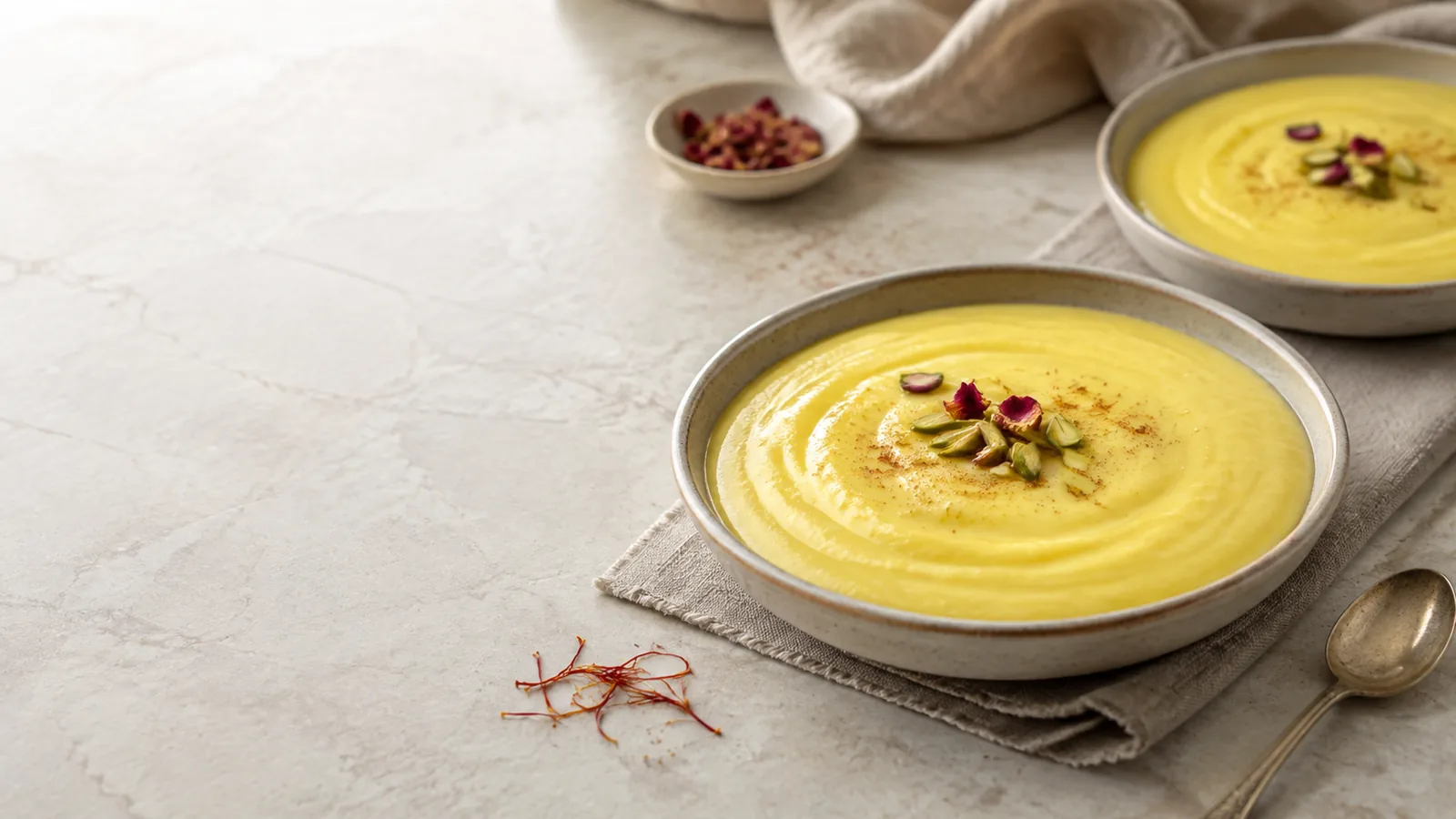 Smooth saffron milk pudding with pistachios and rose petals