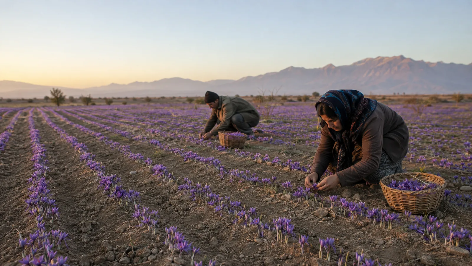 Farm workers harvesting saffron flowers in an Iranian field