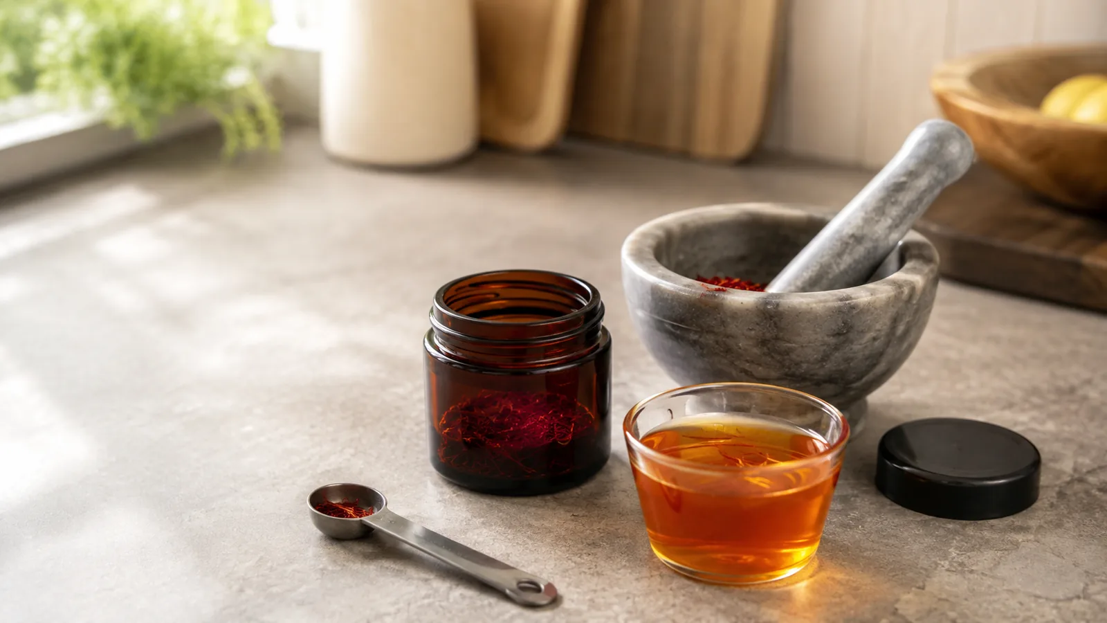 Saffron threads, ground saffron and a brewed saffron infusion