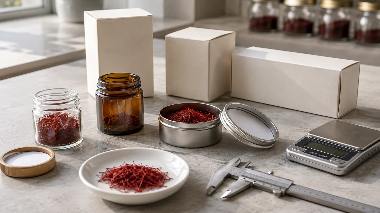 Glass jars and metal tins being evaluated for saffron packaging