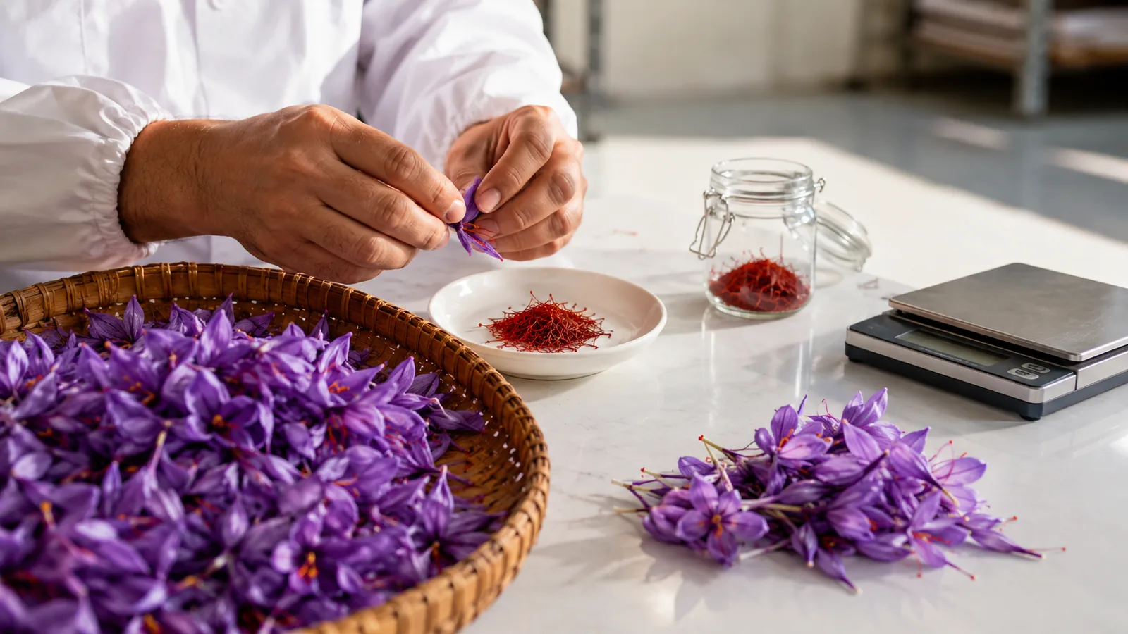 Saffron flowers being separated by hand beside a small jar of threads
