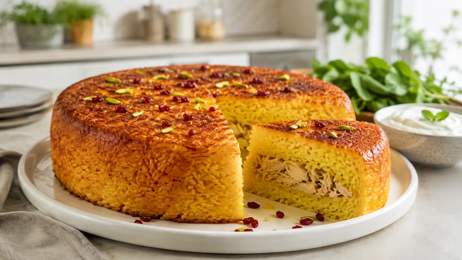 Saffron chicken tahchin with a crisp golden rice crust and chicken filling