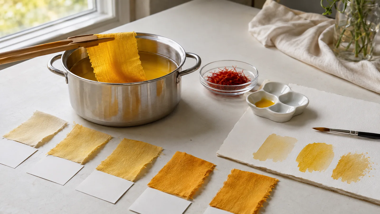 Golden saffron dye bath with fabric swatches and watercolor washes