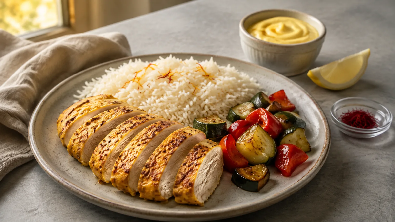 Sliced saffron chicken breast with rice, roasted vegetables and lemon sauce