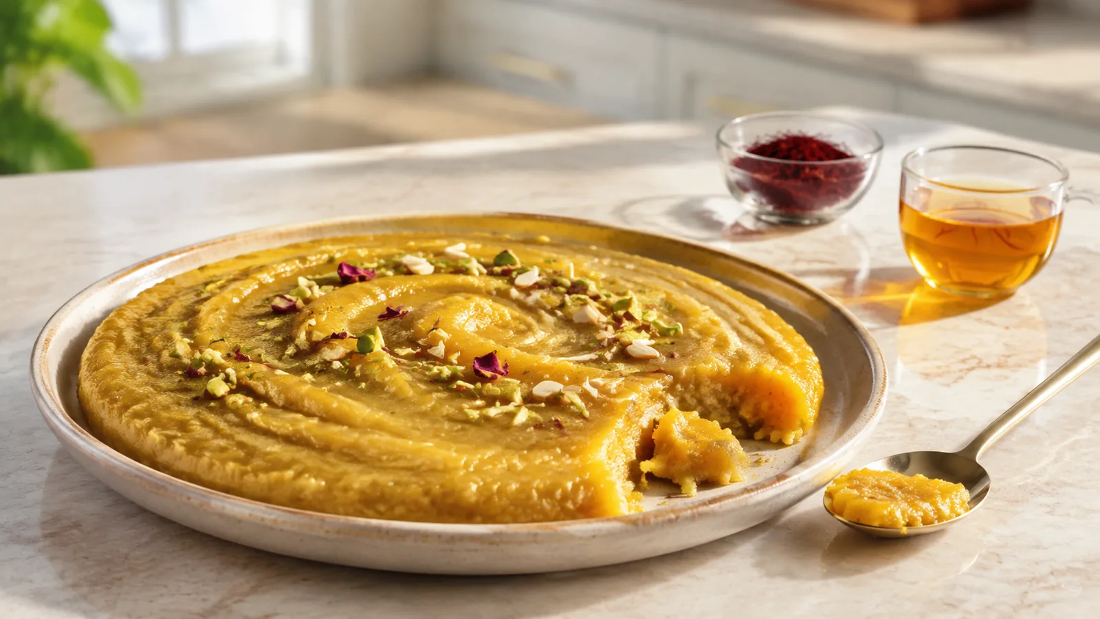 Golden saffron rice flour halva garnished with pistachios and almonds