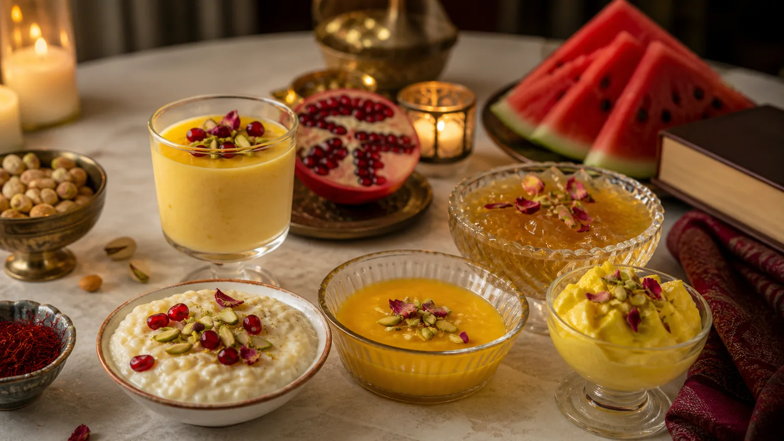 Five saffron desserts with pomegranate and watermelon for Yalda Night