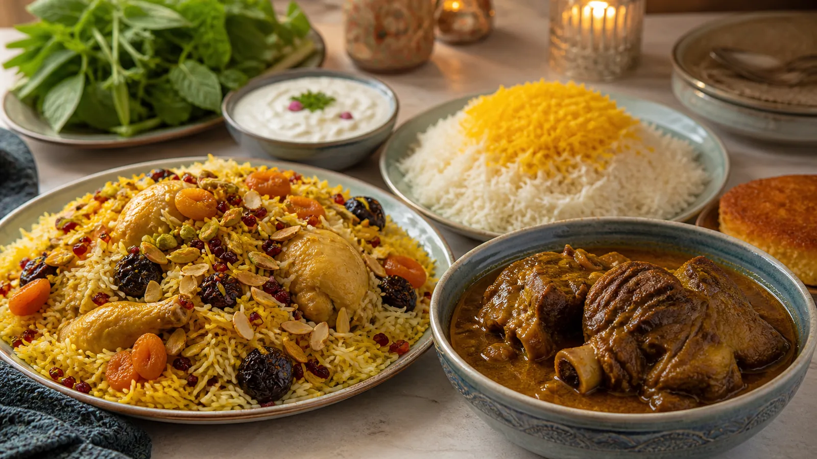 Ajil pilaf with saffron chicken beside chelo rice and braised lamb