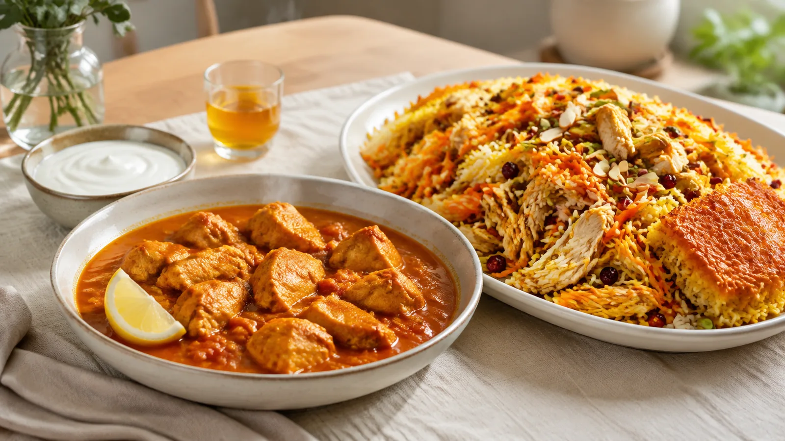 Saffron chicken stew beside carrot pilaf with barberries and nuts