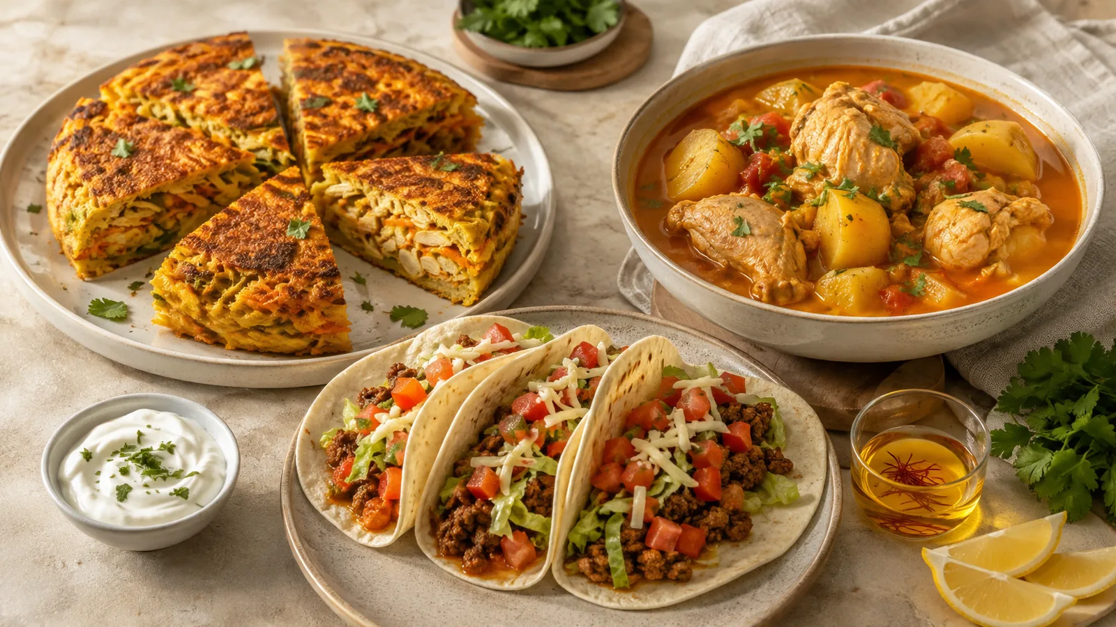 Saffron chicken kuku, beef tacos and chicken potato stew