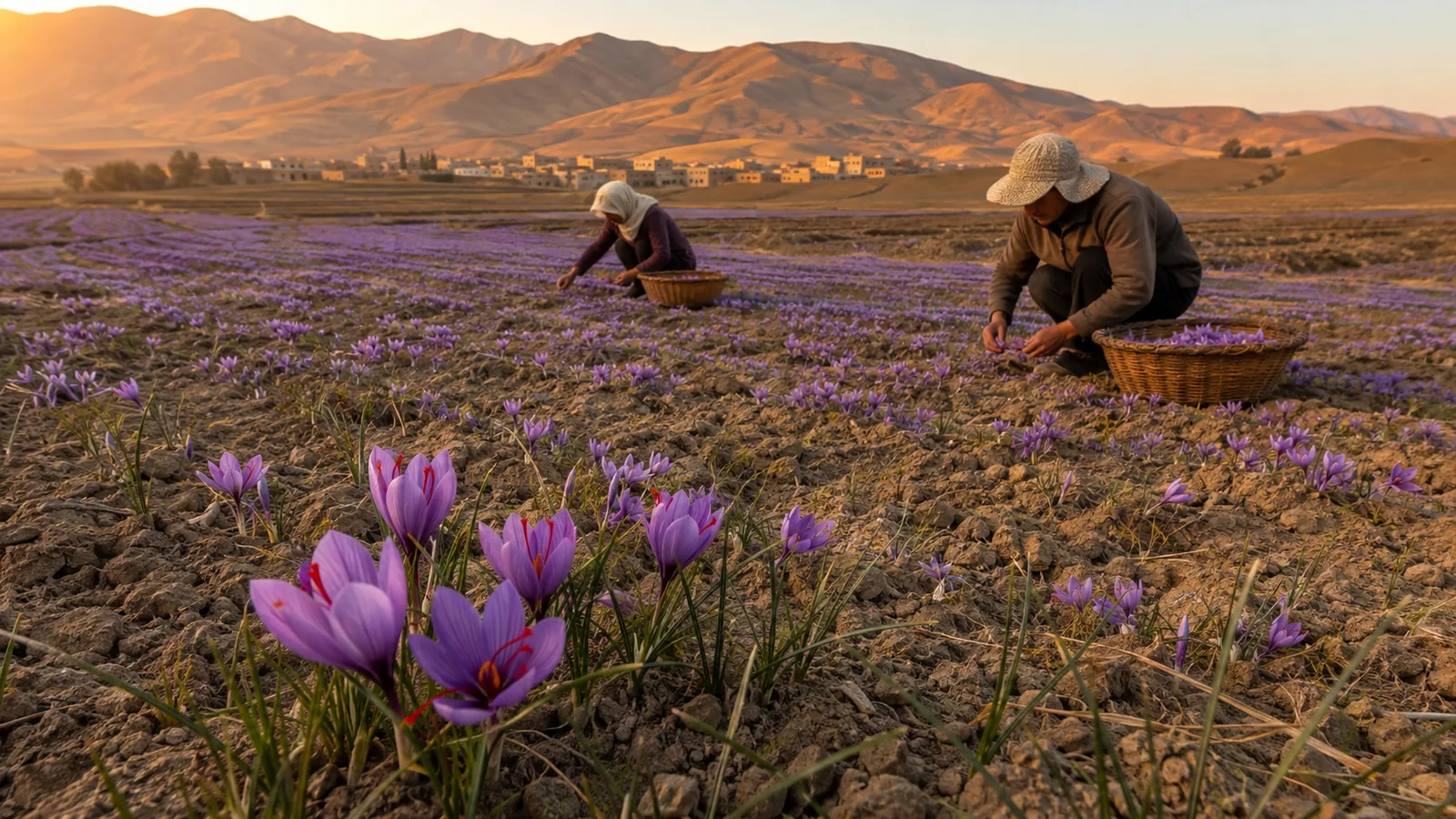 Workers harvesting saffron crocus flowers in a dry mountain field