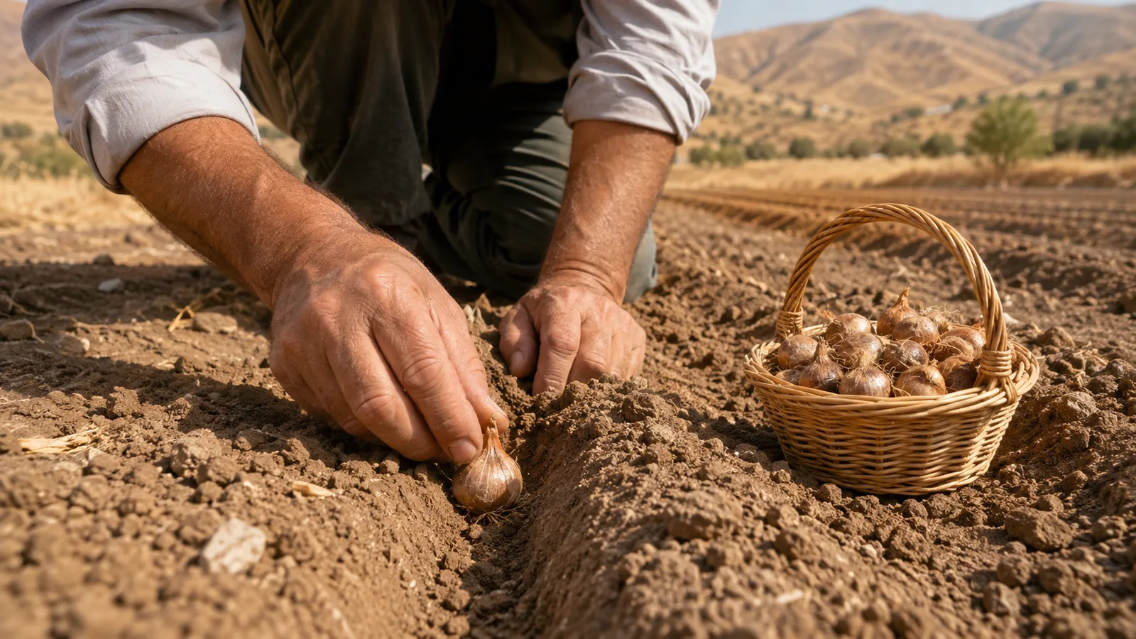 Farmer planting saffron corms in a prepared dry field
