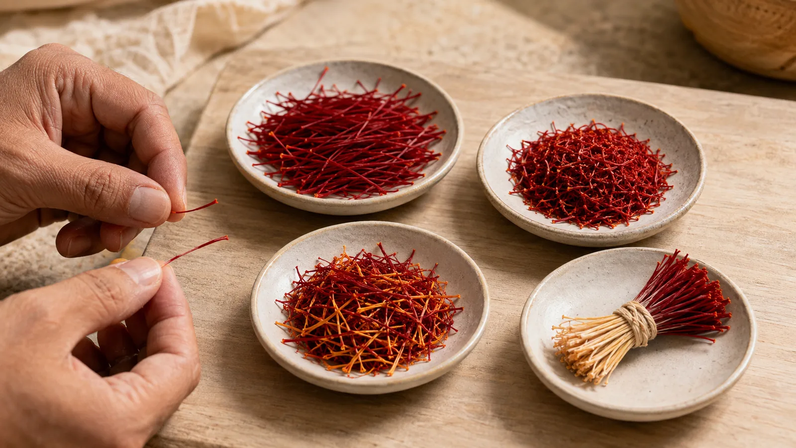Negin, Sargol, Pushal and Bunch saffron arranged in four dishes
