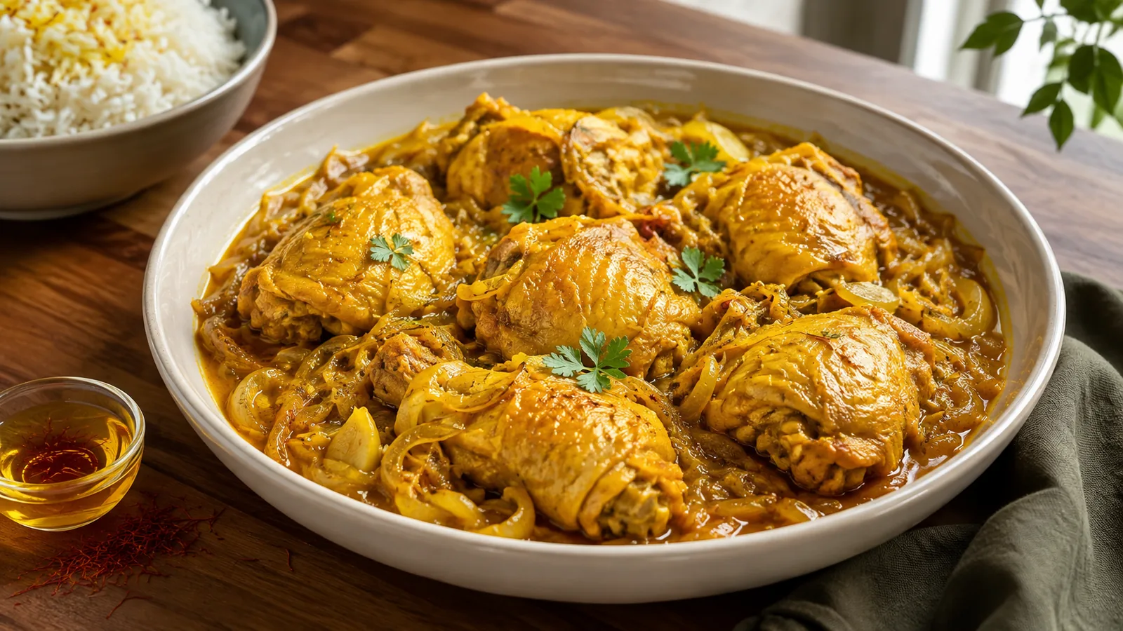 Persian saffron chicken thighs in a rich golden onion sauce