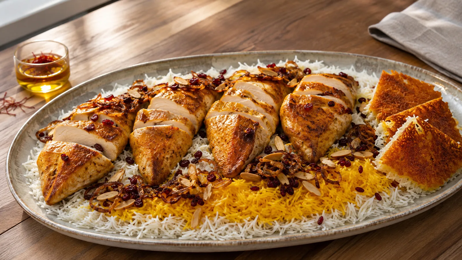 Saffron chicken breast fillets with basmati rice, barberries and tahdig