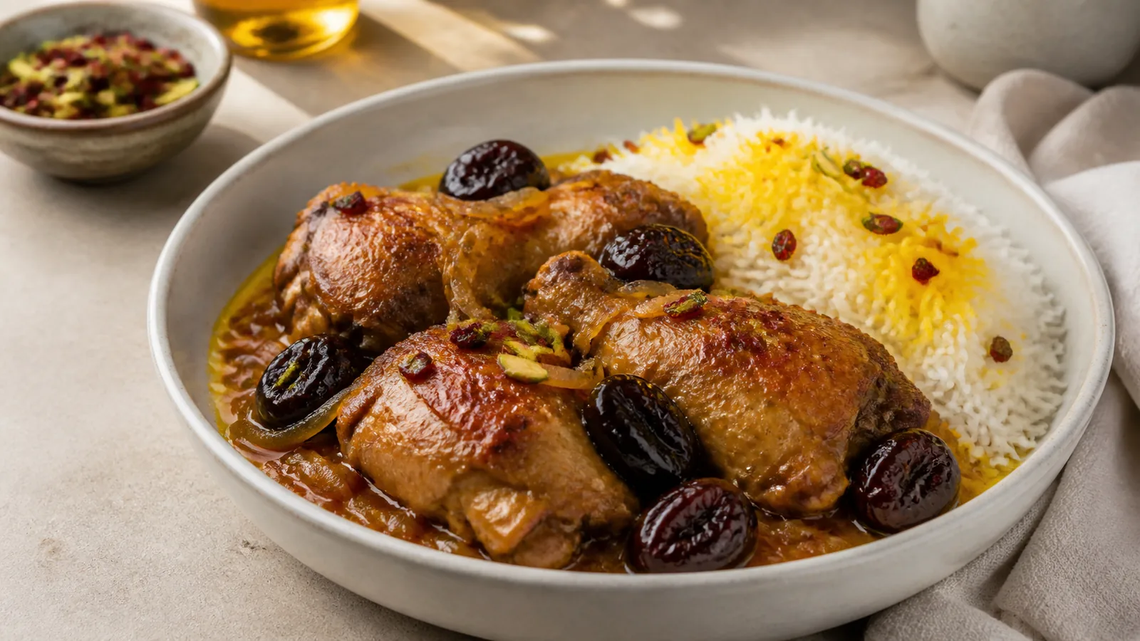 Persian saffron chicken with dried plums and basmati rice