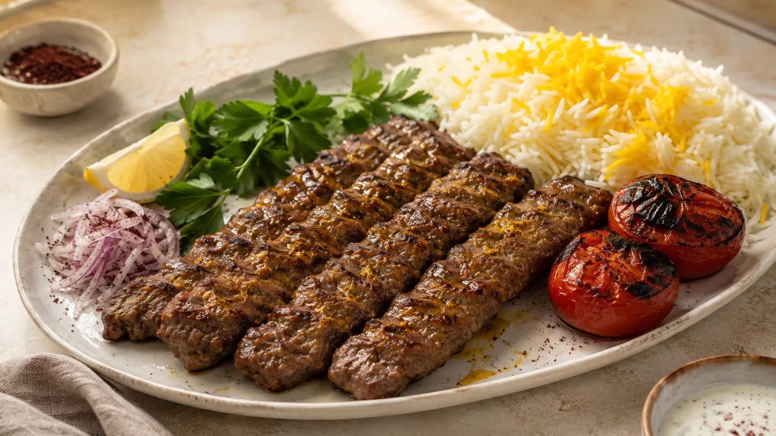 Saffron infused koobideh with rice and charred tomatoes