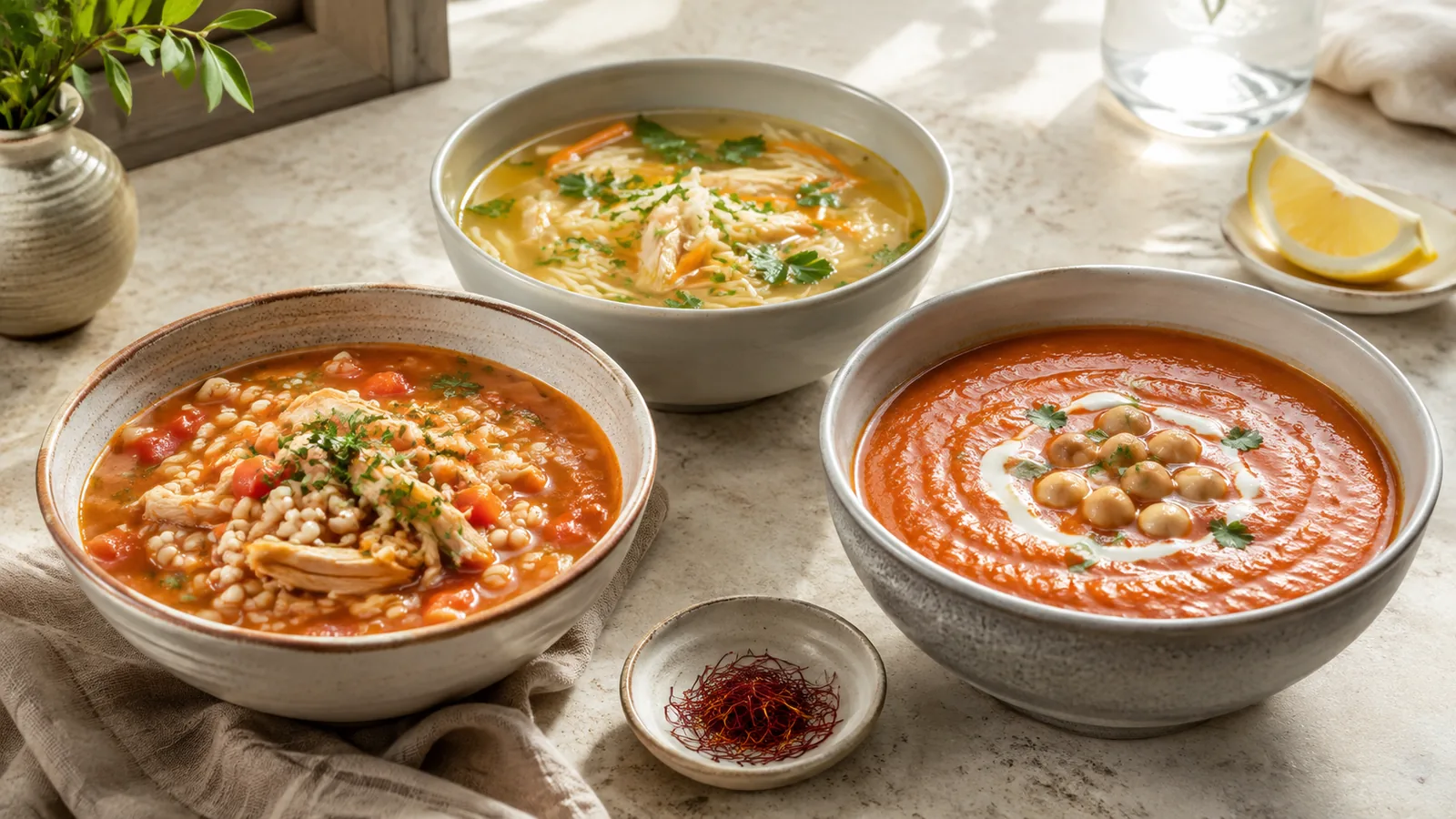 Barley, chicken rice and tomato chickpea saffron soups