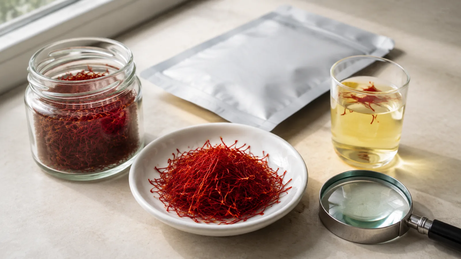 Whole saffron threads, magnifier and golden water test