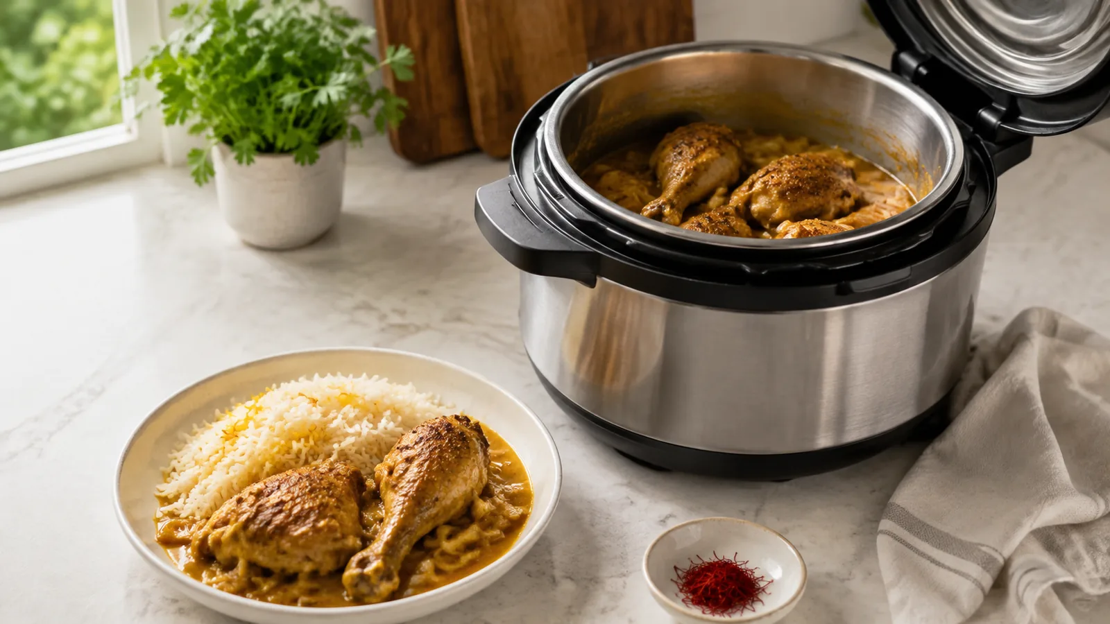 Pressure cooker saffron chicken with onion sauce and rice